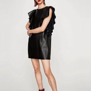 •NWOT✨•Zara Black Faux Leatherette Ruffle Dress